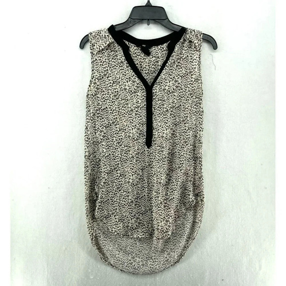 H&M Tank Top Women Sz 2 Cream Beige Black Dots Print V-Neck Piping Long Back Hem - Picture 1 of 11